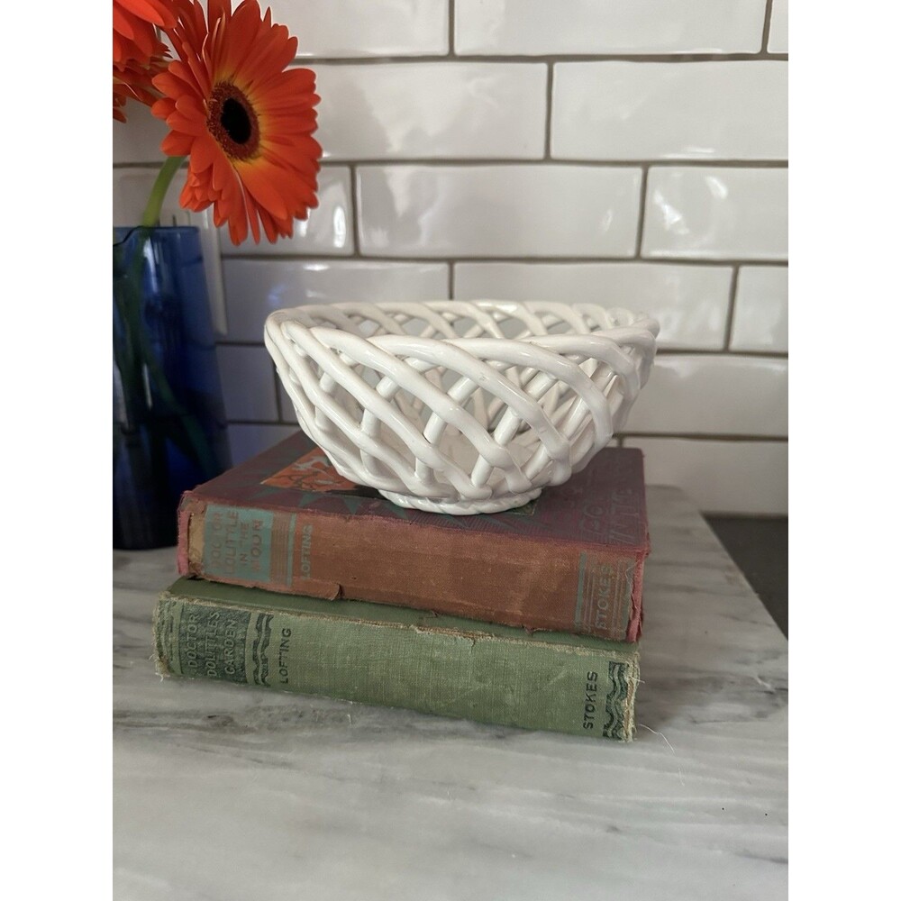 Arlington Designs Woven Lattice Ceramic Fruit Bread Basket Bowl White Cottage